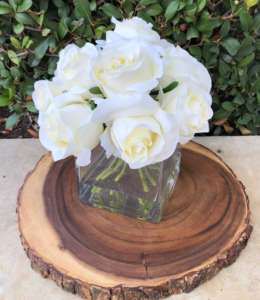 A White Silk Rose Arrangement 5″ X 5″